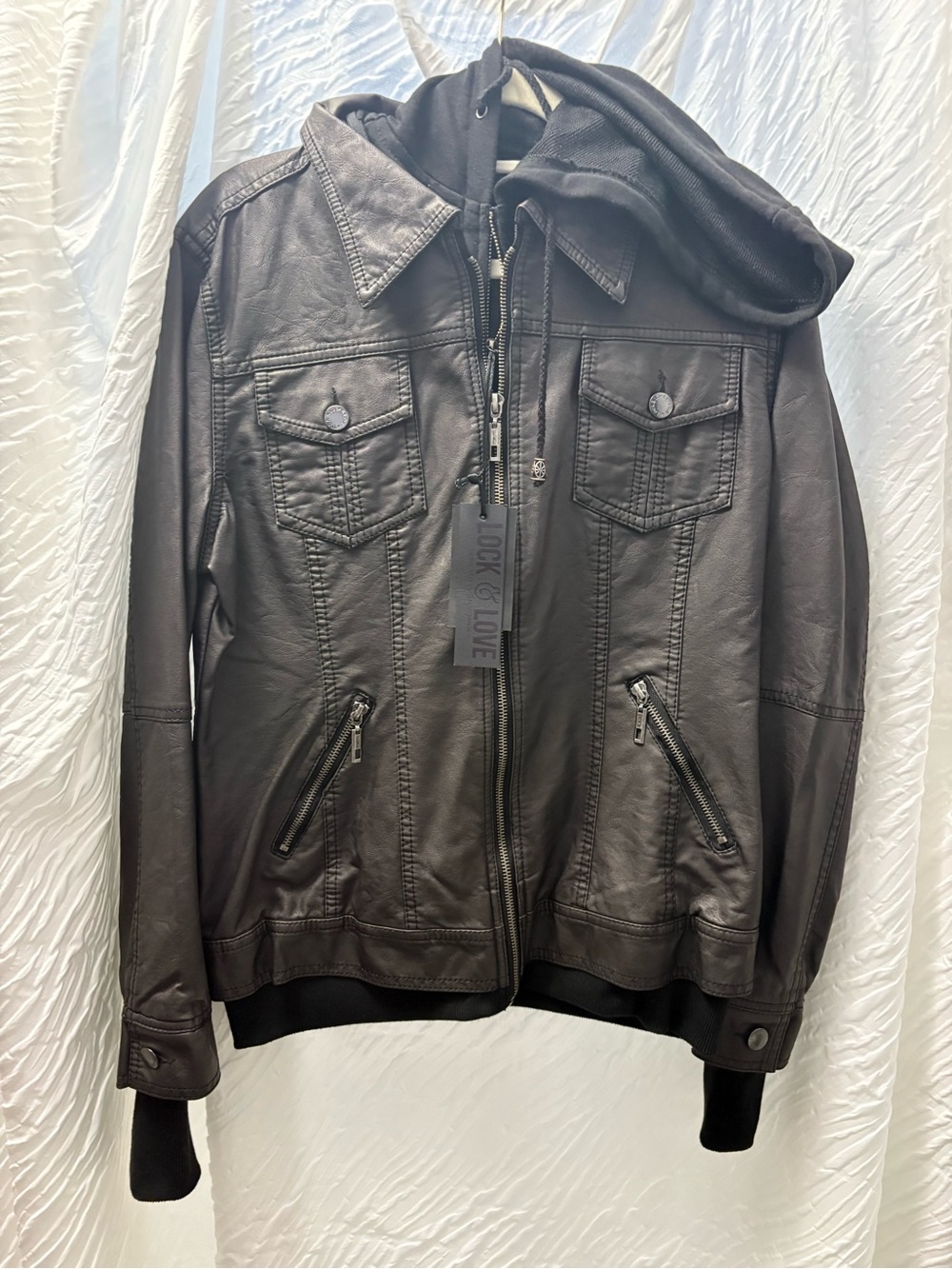 Women’s Black Leather Hooded Zip Jacket